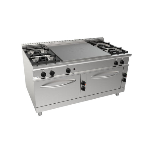 Cuisinière 4 feux + plaque coup de feu à gaz sur 2 fours électriques 660x600x860mm